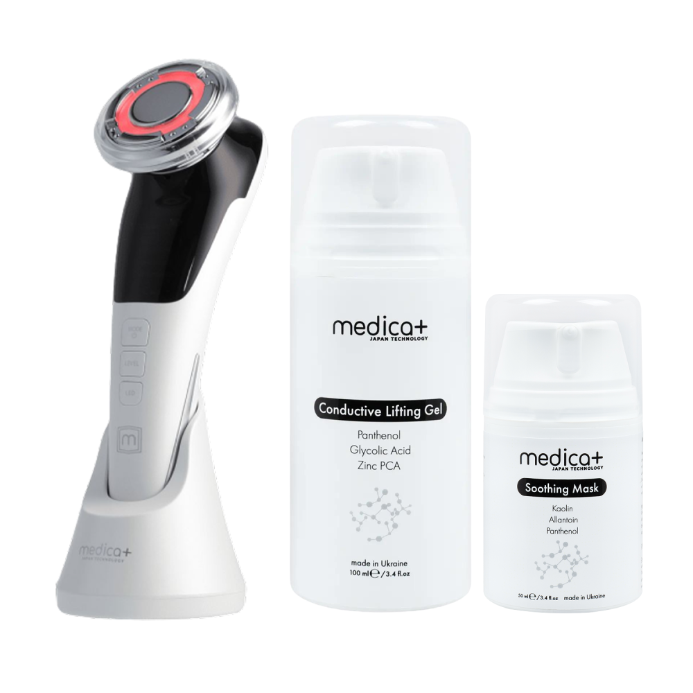 Набор Микротоковый RF Lifting Массажер для лица Skin Lifting 7.0 White + Токопроводящий гель + Успокаивающая маска для лица MEDICA+ (Japan)
