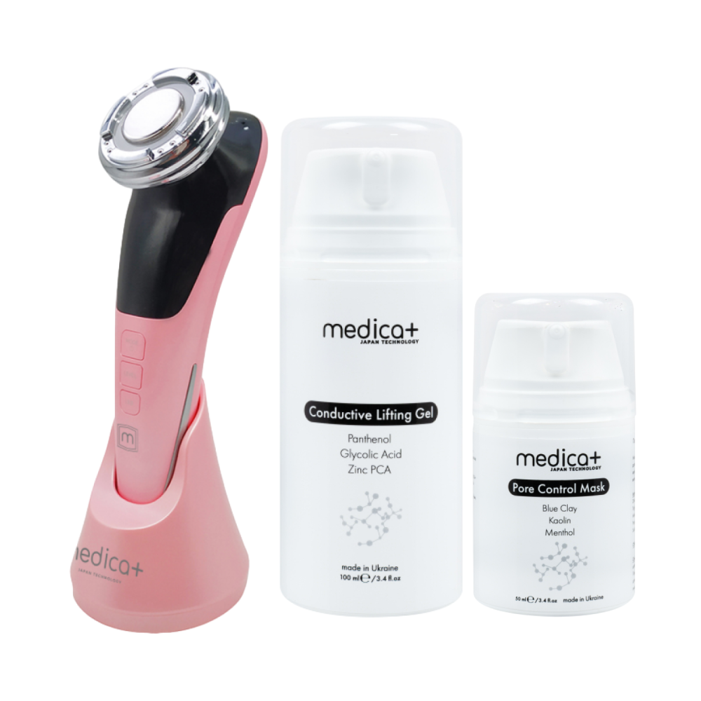 Набор Микротоковый RF Lifting Массажер для лица Skin Lifting 7.0 Pink + Токопроводящий гель + Поросужающая маска для лица MEDICA+ (Japan)