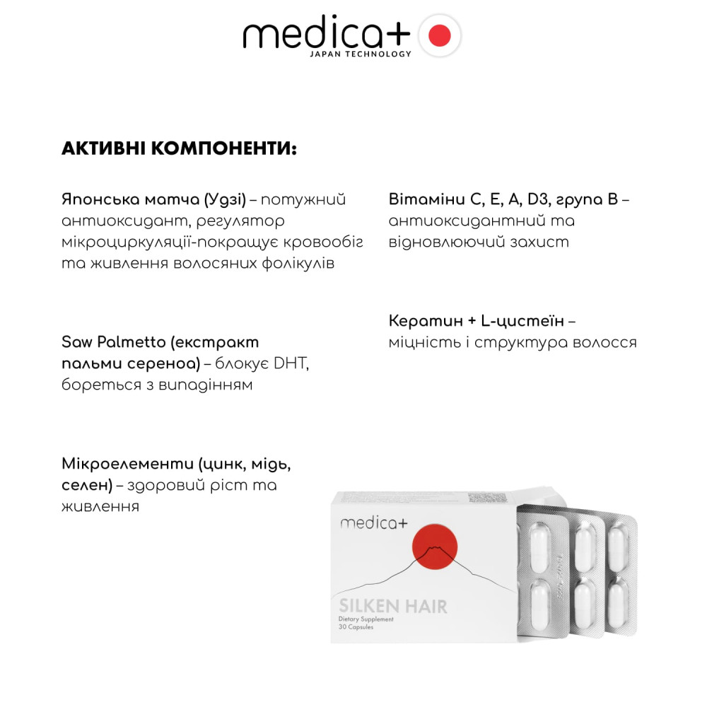 Диетическая добавка MEDICA+ Silken Hair против выпадения волос (30 капс)